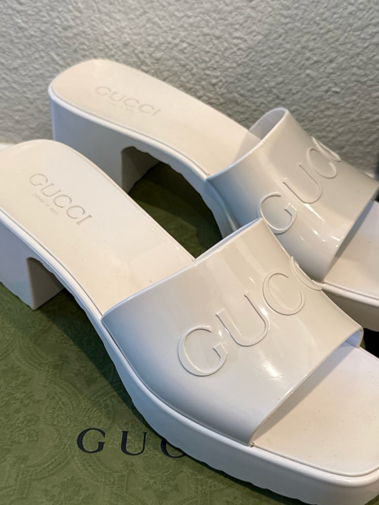 Gucci White Patent Platform Slide Mules